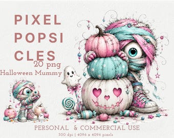 Clipart di mummia di Halloween dai colori pastello, zucche rosa, grafica di mostri kawaii
