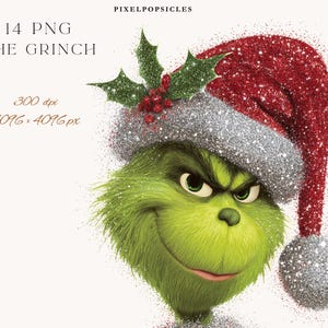 Peut inclure: Illustration num&eacute;rique du Grinch portant un chapeau de P&egrave;re No&euml;l avec des paillettes. Le Grinch est vert avec une expression espi&egrave;gle. Le chapeau est rouge et argent&eacute;, orn&eacute; de houx et de baies. Le texte indique "14 PNG The Grinch".