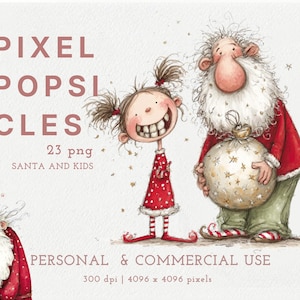 Könnte beinhalten: Ein digitales Illustrationsset mit dem Titel PIXEL POPSICLES, das ein Kind mit Zöpfen in einem roten Kleid und eine bärtige Figur in einem roten Mantel mit einem großen sternenbedeckten Sack zeigt, inklusive Text 23 png und 300 dpi 4096 x 4096 pixels.