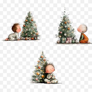 Puede incluir: Ilustraci&oacute;n en acuarela de tres escenas navide&ntilde;as. Cada escena presenta un &aacute;rbol de Navidad decorado con adornos y un beb&eacute; en pijama. Los beb&eacute;s miran los &aacute;rboles con curiosidad. El tema general es la Navidad y la infancia.