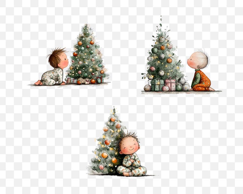 Puede incluir: Ilustraci&oacute;n en acuarela de tres escenas navide&ntilde;as. Cada escena presenta un &aacute;rbol de Navidad decorado con adornos y un beb&eacute; en pijama. Los beb&eacute;s miran los &aacute;rboles con curiosidad. El tema general es la Navidad y la infancia.