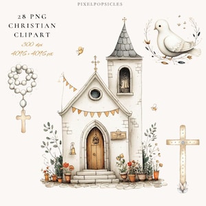 Puede incluir: Conjunto de imágenes prediseñadas cristianas en acuarela con una iglesia blanca con un campanario gris, una paloma, un rosario y una cruz. La imagen incluye el texto "28 PNG CHRISTIAN CLIPART" y "300 dpi 4096 x 4096 px".