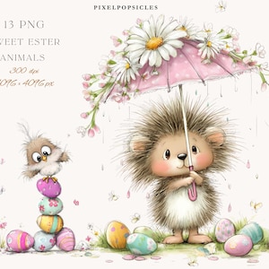 Puede incluir: Ilustración caprichosa con un erizo bajo un paraguas rosa adornado con margaritas. Un búho está posado sobre huevos de Pascua. Incluye el texto "Sweet Easter Animals". Tema primaveral.