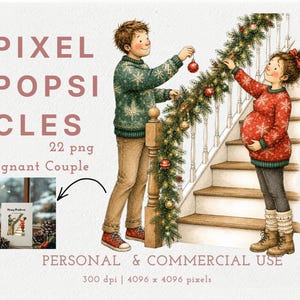 Può includere: Un'illustrazione digitale di una coppia in attesa che decora una scala con una ghirlanda verde e ornamenti rossi. Il testo recita PIXEL POPSICLES, 22 png, Pregnant Couple, PERSONAL & COMMERCIAL USE, 300 dpi | 4096 x 4096 pixels. Include una piccola immagine.