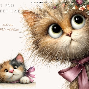 May include: Digital art featuring two adorable cats. One is a fluffy, light brown cat with large green eyes and a pink bow. The other is a calico kitten with a pink bow. The image includes text that reads "17 PNG SWEET CAT".