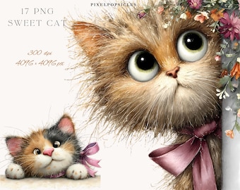 May include: Digital artwork of two cute cats. One is a fluffy, light brown cat with large green eyes and a pink bow. The other is a calico kitten with a pink bow. The image includes text that reads "17 PNG SWEET CAT".