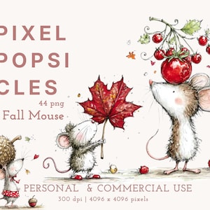 Op de afbeelding: Digitale illustratieset getiteld PIXEL POPSICLES Fall Mouse met drie muizen met aquareltexturen. Eén muis draagt een grote eikel, een andere houdt een rood esdoornblad vast en de derde balanceert een tros rode tomaten op het hoofd.