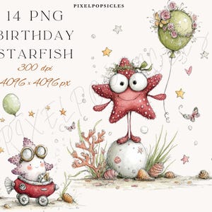 Könnte beinhalten: Aquarell-Illustration einer roten Seesternfigur mit großen Augen, die einen grünen Ballon hält. Der Text "14 PNG BIRTHDAY STARFISH 300 dpi 4096 x 4096 px" ist enthalten. Sterne, Schmetterlinge und Korallen bilden ein Geburtstags-Thema.