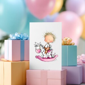 May include: A greeting card featuring a whimsical illustration of a child riding a rocking horse. The card is surrounded by pastel-colored gift boxes and balloons, creating a festive atmosphere. The image is perfect for a baby shower or a child's birthday.