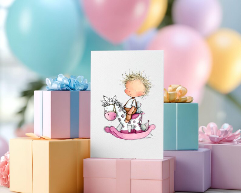 May include: A greeting card featuring a whimsical illustration of a child riding a rocking horse. The card is surrounded by pastel-colored gift boxes and balloons, creating a festive atmosphere. The image is perfect for a baby shower or a child's birthday.