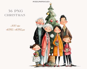 Clipart di famiglia natalizia / PNG di Natale ad acquerello, illustrazioni festive per le vacanze, per biglietti d'auguri