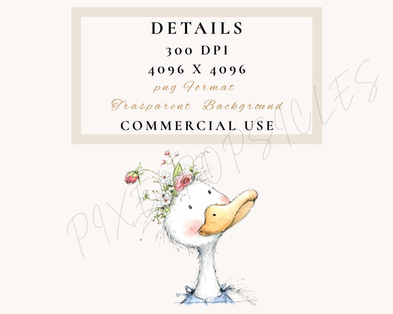 May include: A whimsical illustration of a white goose with a yellow beak and a floral crown. The goose is wearing a blue bow. The image includes the text "DETAILS", "300 DPI", "4096 X 4096", "png Format", "Transparent Background", and "COMMERCIAL USE".