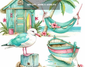 Watercolor Beach Clipart: Summer Seaside PNG Graphics (Digital Download)