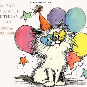 May include: A whimsical illustration of a white cat wearing heart-shaped glasses and a party hat, holding colorful balloons. The image includes text that reads "14 PNG COLORFUL BIRTHDAY CAT". Stars and paint splatters complete the design.