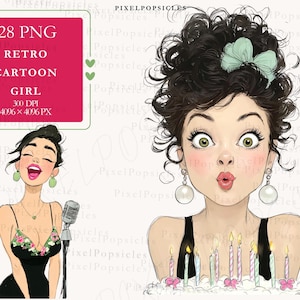 Può includere: Illustrazione digitale di una ragazza dei cartoni animati retrò con capelli ricci scuri, un fiocco verde menta e orecchini di perle. L'immagine include una torta di compleanno con candele accese e il testo "28 PNG RETRO CARTOON GIRL".