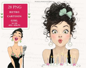 Paquete de imágenes prediseñadas PNG de chicas de dibujos animados retro: ilustraciones de moda atrevidas para descarga digital