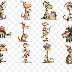 May include: A collection of whimsical dinosaur illustrations in a Christmas theme. Each dinosaur is depicted in festive attire, including Santa hats, wreaths, and wrapped gifts. The dinosaurs are in various poses, creating a playful and cheerful holiday scene.