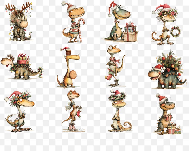 May include: A collection of whimsical dinosaur illustrations in a Christmas theme. Each dinosaur is depicted in festive attire, including Santa hats, wreaths, and wrapped gifts. The dinosaurs are in various poses, creating a playful and cheerful holiday scene.