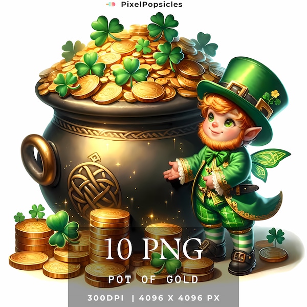 Pot of Gold Clipart: St Patrick's Day Shamrock PNG (Digital Download)