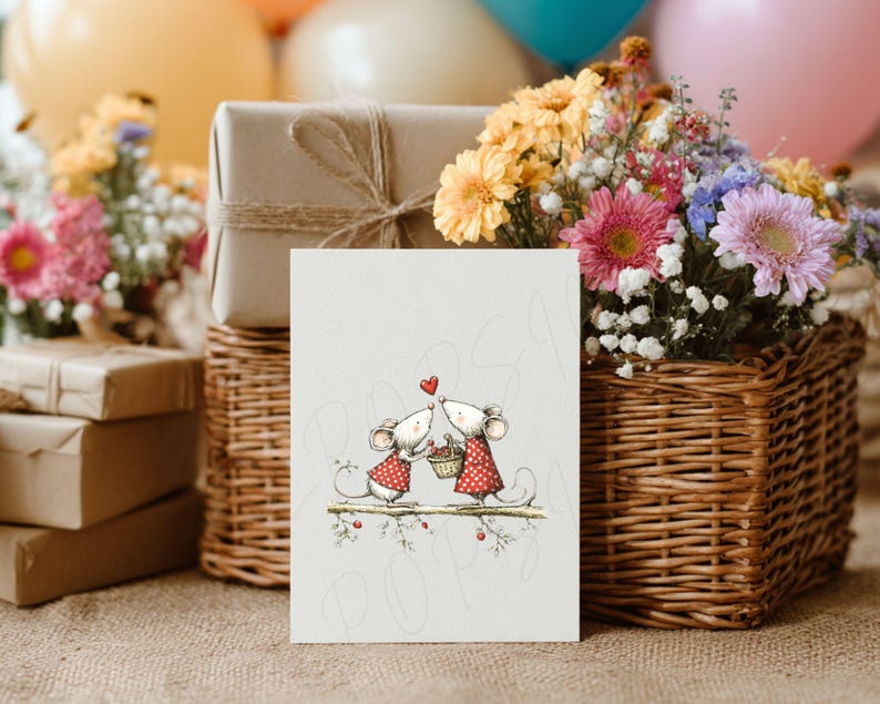 May include: A greeting card featuring two cartoon mice kissing, with a red heart above them. The mice are wearing red and white polka dot outfits. The card is in front of a gift box, flowers, and a basket.