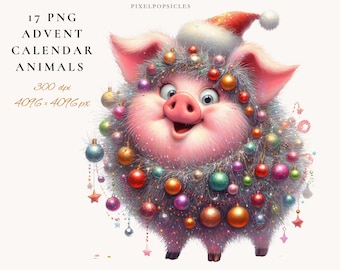 Advent Calendar Animals Clipart, Watercolor Christmas PNG Set