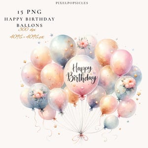 15 Aquarell Happy Birthday Ballons Sammlung PNG, perfekt für Geburtstagskarten, Einladungen, Geschenke, Dekor, Sofort Download, kommerzielle Nutzung