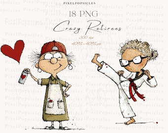 Puede incluir: Ilustración digital caprichosa de dos personas mayores. Una sostiene un bote de spray con un corazón, la otra realiza una patada de karate. El texto "Crazy Retirees" se muestra encima. La imagen está etiquetada como "18 PNG" y "4096x4096 px".