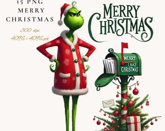Merry Christmas Grouchy Green Clipart: PNG Digital Art (Digital Download)