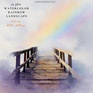 May include: Watercolor painting of a wooden bridge leading towards a rainbow. The bridge has dark brown posts and light brown railings. The text in the image reads "16 JPG WATERCOLOR RAINBOW LANDSCAPE 300 dpi 4096 x 4096 px".