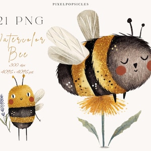 May include: Watercolor illustration of two bees. One bee is perched on a dandelion, the other holds lavender. The bees are yellow and black with glitter accents. The image includes the text "21 PNG Watercolor Bee 300 dpi 4096 x 4096 px".