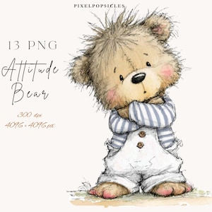 Pode incluir: Ilustração em aquarela de um urso de pelúcia com uma expressão ligeiramente rabugenta. O urso está vestindo uma camisa listrada azul e branca e macacão branco. O texto "Attitude Bear" está escrito acima do urso.