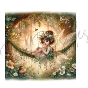 May include: A fairy with wings and a flower crown sits in a hammock made of vines in a forest setting. The fairy is wearing a white dress and has brown hair. The forest is filled with green leaves and flowers.