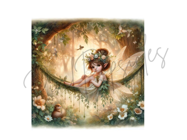 May include: A fairy with wings and a flower crown sits in a hammock made of vines in a forest setting. The fairy is wearing a white dress and has brown hair. The forest is filled with green leaves and flowers.