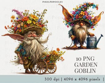 Watercolor Garden Goblin Clipart: Fantasy Floral PNG Bundle (Digital Download)