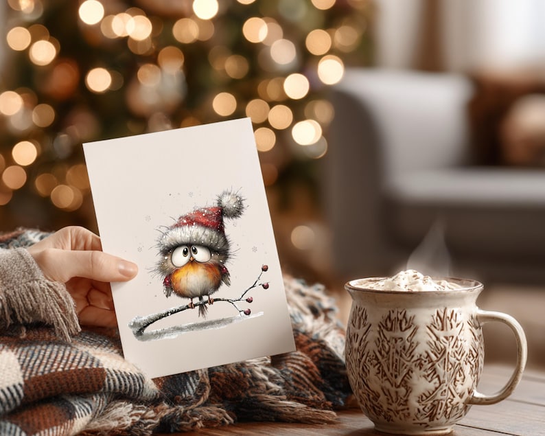 May include: A greeting card featuring a watercolor illustration of a cartoon robin wearing a Santa hat, perched on a branch with berries. A mug of hot beverage with whipped cream sits nearby. The background is blurred with Christmas lights.