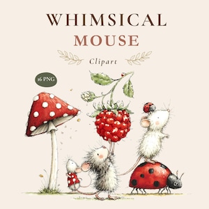 Può includere: Set di illustrazioni digitali intitolato WHIMSICAL MOUSE Clipart contenente 16 file PNG. L'immagine mostra due topi bianchi, un grande fungo rosso a pois bianchi, un grappolo di lamponi e due coccinelle su uno sfondo chiaro.