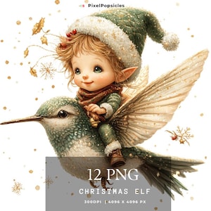 Christmas Elf Watercolor Clipart, 12 High Quality PNG, Festive Elves, Memory Book, Junk Journal, Scrapbook, Digital Planners, Commercial Use