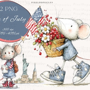 May include: Watercolor illustration for the 4th of July featuring two mice. One mouse carries a basket of flowers and berries with an American flag. The other mouse holds a star wand and a paper, with the Statue of Liberty in the background. The image includes the text "4th of July".