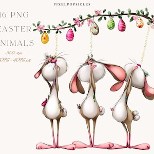 Könnte beinhalten: Aquarellillustration mit drei Cartoon-Hasen, die auf Ostereier blicken, die an einem floralen Zweig hängen. Der Text lautet "16 PNG Easter Animals" und "Pixel Popsicles". Die Hasen haben braunes und weißes Fell mit rosa Ohren und Füßen.