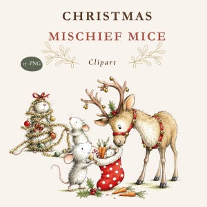 Puede incluir: Ilustración digital titulada CHRISTMAS MISCHIEF MICE Clipart con 17 archivos PNG. La imagen muestra dos ratones blancos, uno envuelto en guirnaldas doradas y adornos, el otro colocando zanahorias en un calcetín navideño rojo con lunares.