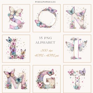 May include: Watercolor alphabet letters with butterfly and floral designs. The letters are in pastel colors, with butterflies and flowers. The image includes the text "35 PNG ALPHABET" and "4096 x 4096 px".