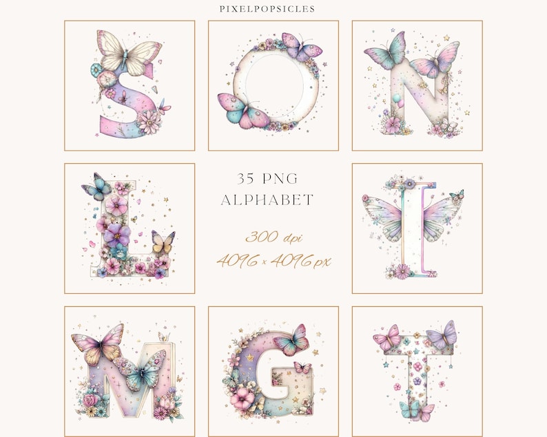 May include: Watercolor alphabet letters with butterfly and floral designs. The letters are in pastel colors, with butterflies and flowers. The image includes the text "35 PNG ALPHABET" and "4096 x 4096 px".