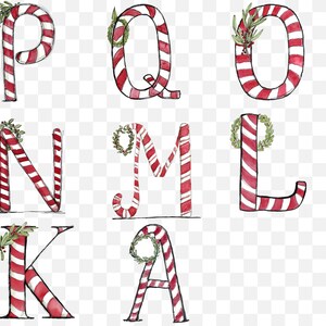 May include: Watercolour illustrations of the letters P, Q, O, N, M, L, K, and A. Each letter is designed to resemble a candy cane with red and white stripes. Some letters are adorned with small green wreaths and sprigs.