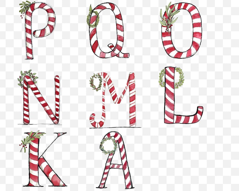 May include: Watercolour illustrations of the letters P, Q, O, N, M, L, K, and A. Each letter is designed to resemble a candy cane with red and white stripes. Some letters are adorned with small green wreaths and sprigs.