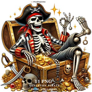 Skeleton Pirate with Treasure Chest Clipart PNG - 11 Spooky Pirate Art, Perfect for Halloween & Nautical-Themed Crafts