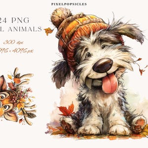 Puede incluir: Ilustración en acuarela de un perro sonriente con un sombrero a cuadros naranja y marrón con un pompón. El perro tiene una larga lengua rosa y está rodeado de hojas de otoño. La imagen también incluye una ilustración de un ciervo con follaje de otoño y el texto "24 PNG FALL ANIMALS".