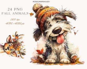 May include: Watercolor illustration featuring a smiling dog wearing a plaid orange and brown hat with a pom-pom. The dog has a long pink tongue and is surrounded by fall leaves. The image also includes a watercolor illustration of a deer with fall foliage and the text "24 PNG FALL ANIMALS".