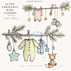 Può includere: Illustrazione ad acquerello di vestiti per bambini e decorazioni natalizie appese a un ramo. L'immagine include un body rosa chiaro, una tutina gialla e una giacca blu. Sono presenti anche ornamenti a forma di stella e una volpe.