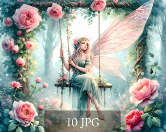 Watercolor Fairy Clipart: Swinging Fantasy Images (Digital Download)