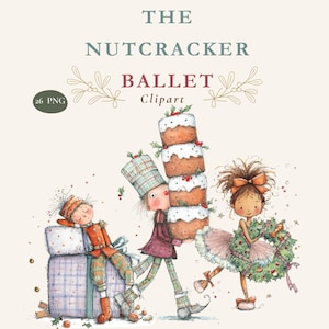 May include: Digital illustration set titled THE NUTCRACKER BALLET Clipart featuring 26 PNG files. The artwork depicts a character in a red uniform sleeping on gifts, another carrying a stack of cakes, and a character holding a Christmas wreath.
